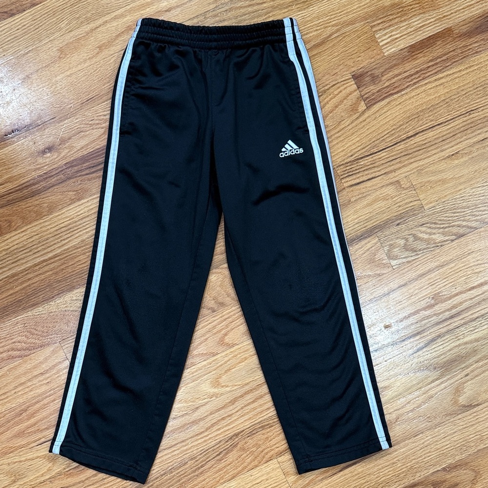 adidas Kids Black Track Pants with White Side Stripes (size 6)